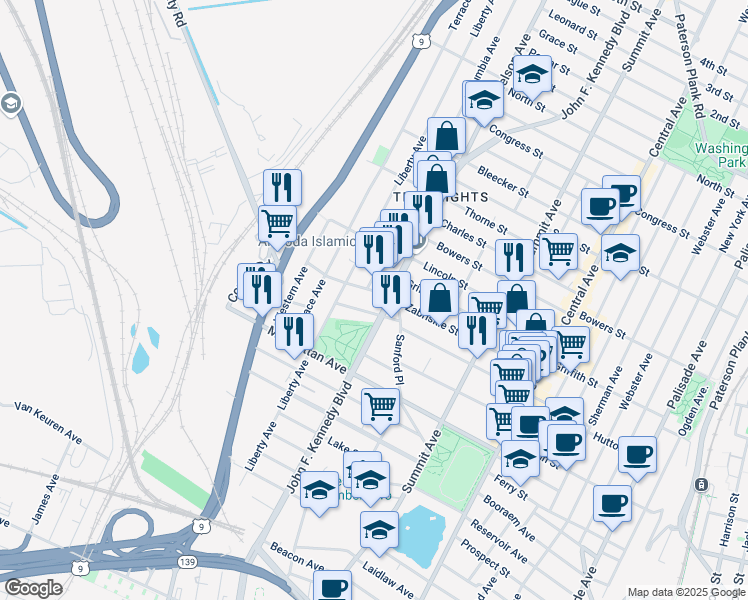 map of restaurants, bars, coffee shops, grocery stores, and more near 3371 John F. Kennedy Boulevard in Union City