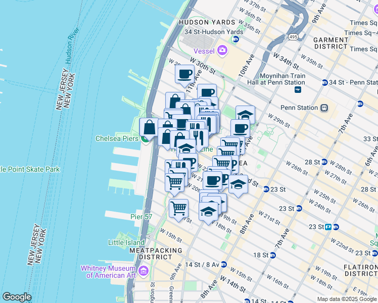 map of restaurants, bars, coffee shops, grocery stores, and more near 510 West 23rd Street in New York