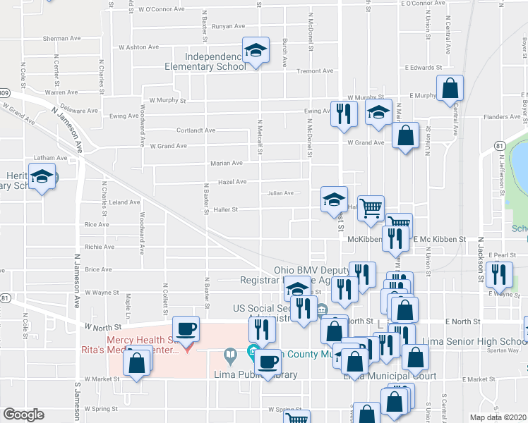 map of restaurants, bars, coffee shops, grocery stores, and more near 642 North Metcalf Street in Lima