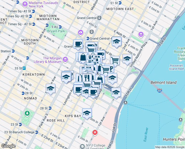map of restaurants, bars, coffee shops, grocery stores, and more near 201 East 37th Street in New York