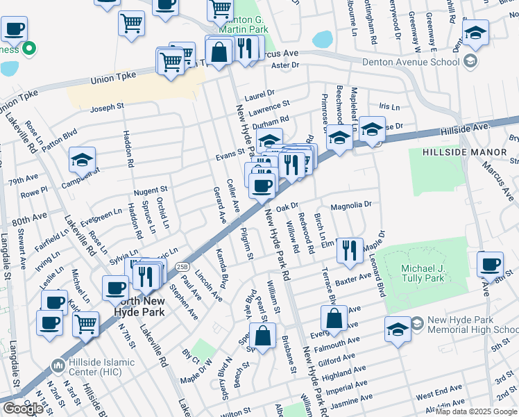 map of restaurants, bars, coffee shops, grocery stores, and more near 1574-1598 Hillside Avenue in New Hyde Park