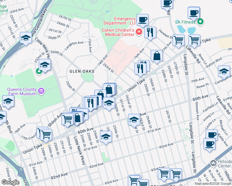 map of restaurants, bars, coffee shops, grocery stores, and more near 260-17 Union Turnpike in Queens