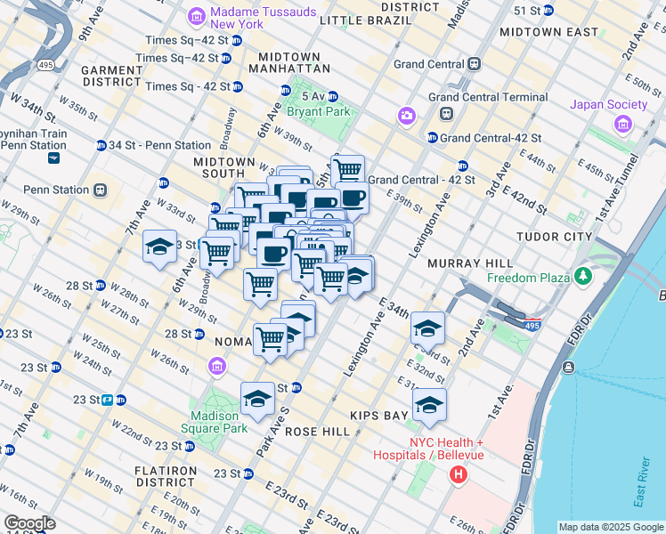 map of restaurants, bars, coffee shops, grocery stores, and more near 185 Madison Avenue in New York