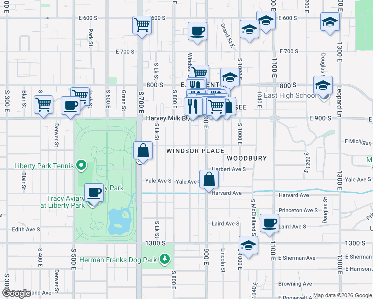 map of restaurants, bars, coffee shops, grocery stores, and more near 998 Windsor Street in Salt Lake City