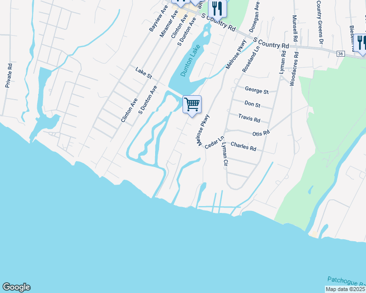 map of restaurants, bars, coffee shops, grocery stores, and more near 225 Overton Street in East Patchogue