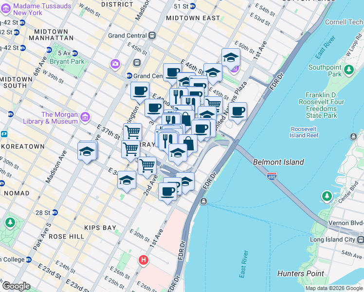 map of restaurants, bars, coffee shops, grocery stores, and more near 301 East 39th Street in New York