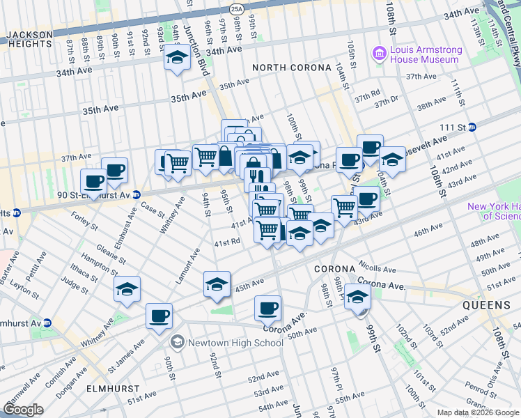 map of restaurants, bars, coffee shops, grocery stores, and more near 40-52 Junction Boulevard in Queens