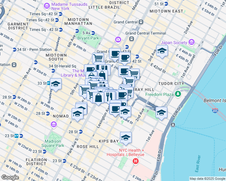 map of restaurants, bars, coffee shops, grocery stores, and more near in New York