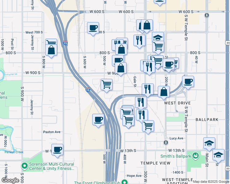 map of restaurants, bars, coffee shops, grocery stores, and more near 435 West Fayette Avenue in Salt Lake City