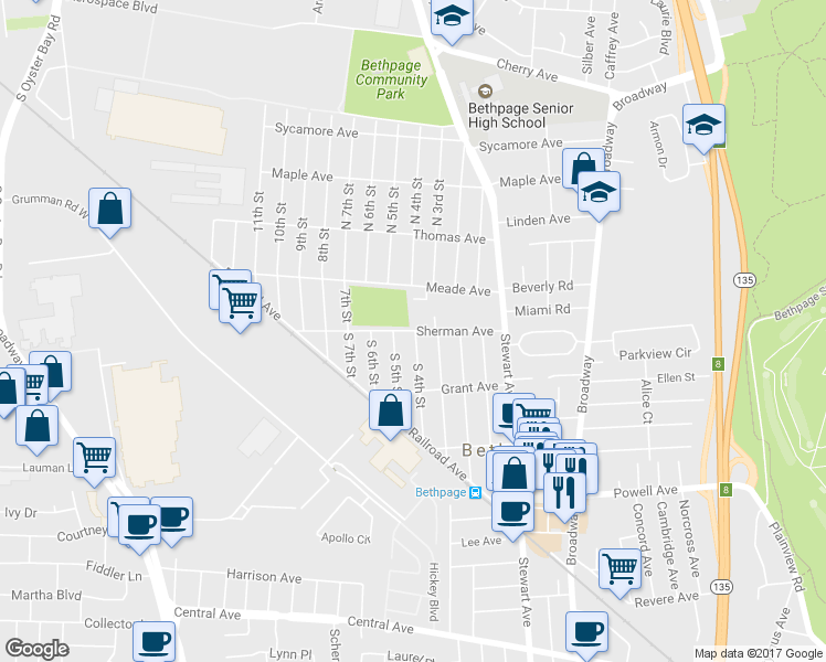 map of restaurants, bars, coffee shops, grocery stores, and more near 43 Sherman Avenue in Bethpage