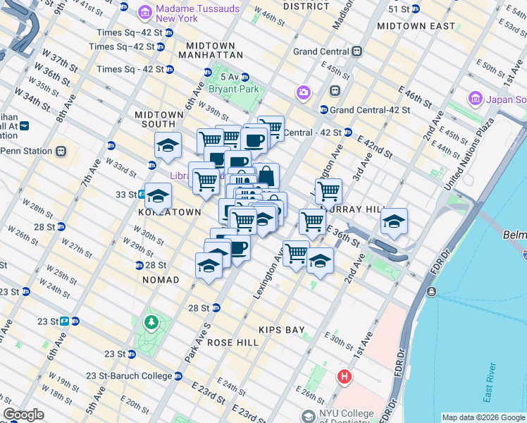 map of restaurants, bars, coffee shops, grocery stores, and more near 16 Park Avenue in New York