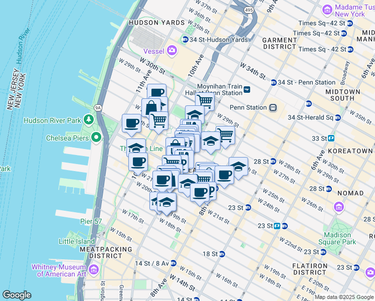 map of restaurants, bars, coffee shops, grocery stores, and more near 233 9th Avenue in New York