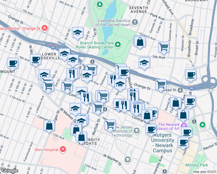 map of restaurants, bars, coffee shops, grocery stores, and more near 171 Sussex Avenue in Newark