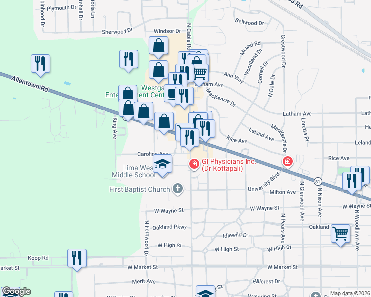 map of restaurants, bars, coffee shops, grocery stores, and more near 601 North Cable Road in Lima