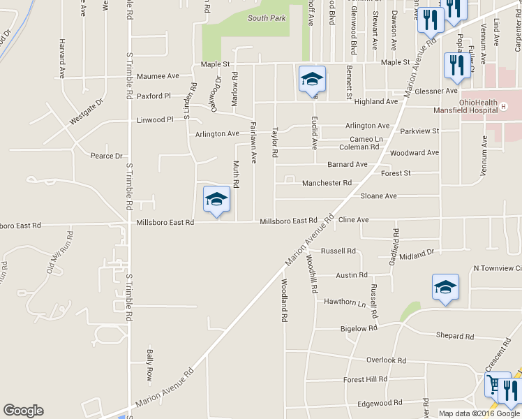 map of restaurants, bars, coffee shops, grocery stores, and more near 407 Fairlawn Avenue in Mansfield
