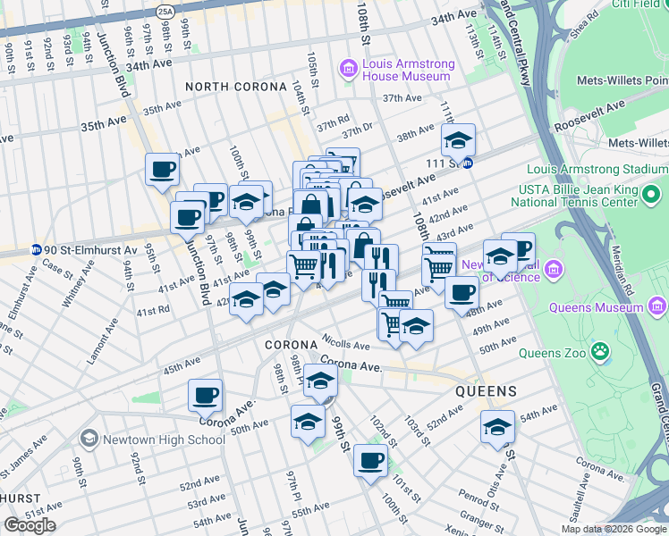 map of restaurants, bars, coffee shops, grocery stores, and more near 102-36 43rd Avenue in Queens