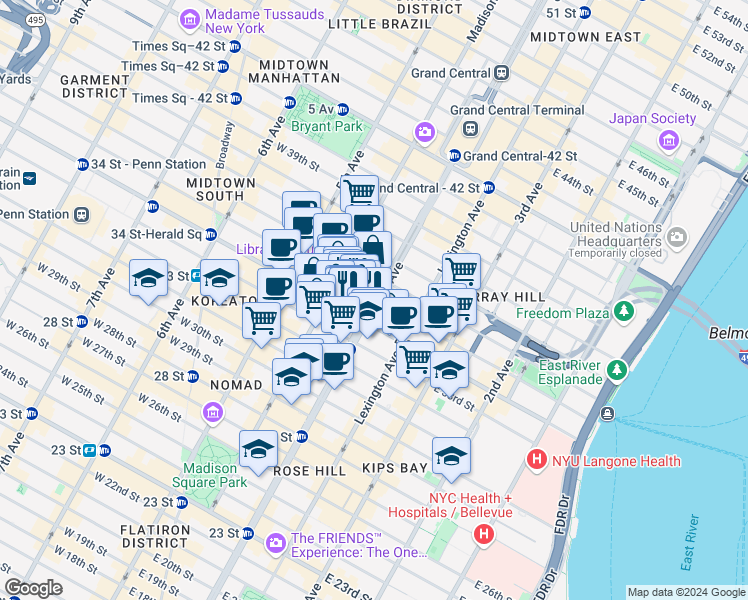 map of restaurants, bars, coffee shops, grocery stores, and more near Park Ave & E 35th St in New York