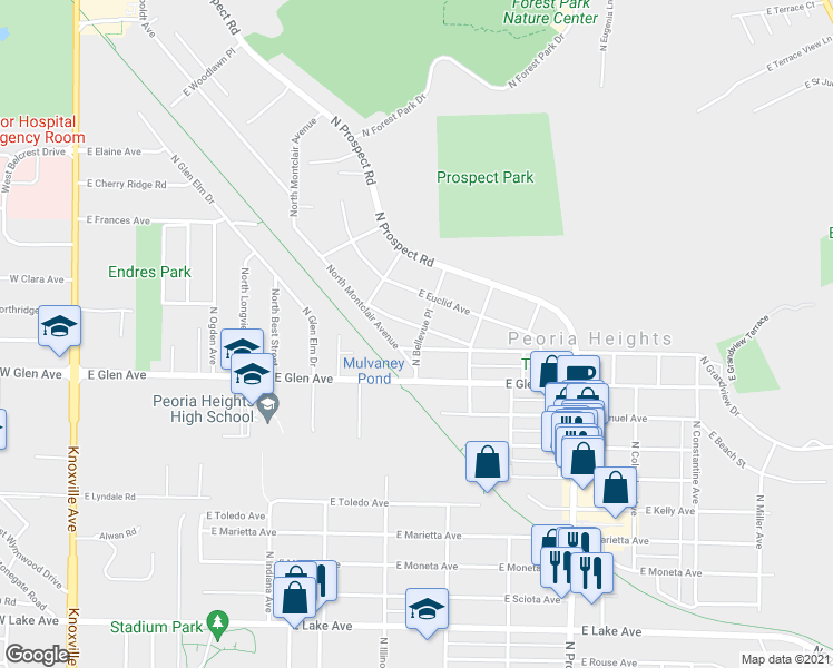 map of restaurants, bars, coffee shops, grocery stores, and more near 940 East Highland Place in Peoria Heights