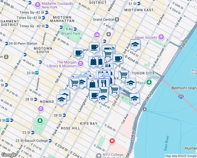 map of restaurants, bars, coffee shops, grocery stores, and more near 136 East 36th Street in New York