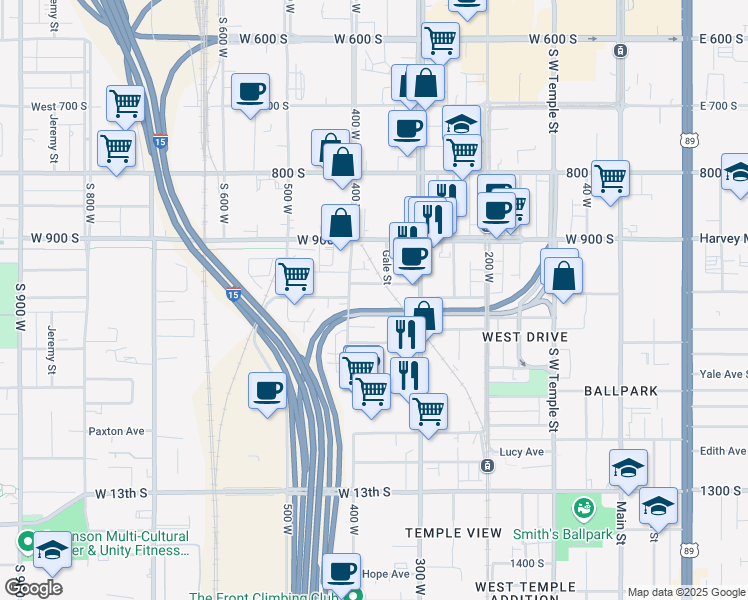 map of restaurants, bars, coffee shops, grocery stores, and more near 337 American Avenue South in Salt Lake City