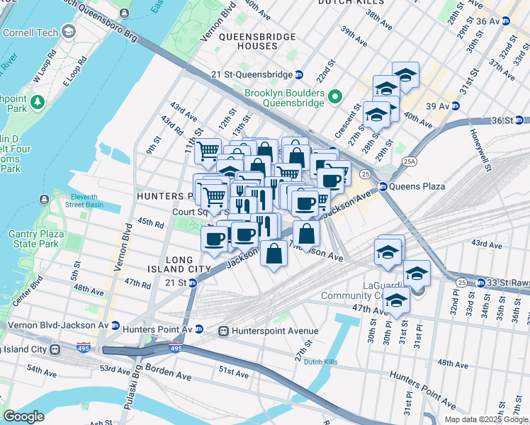 map of restaurants, bars, coffee shops, grocery stores, and more near 23-29 44th Drive in Queens