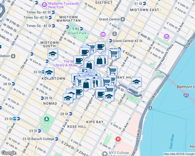 map of restaurants, bars, coffee shops, grocery stores, and more near in New York