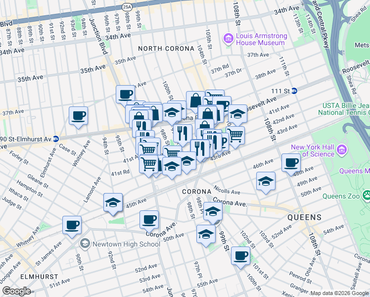 map of restaurants, bars, coffee shops, grocery stores, and more near 41-03 99th Street in Queens