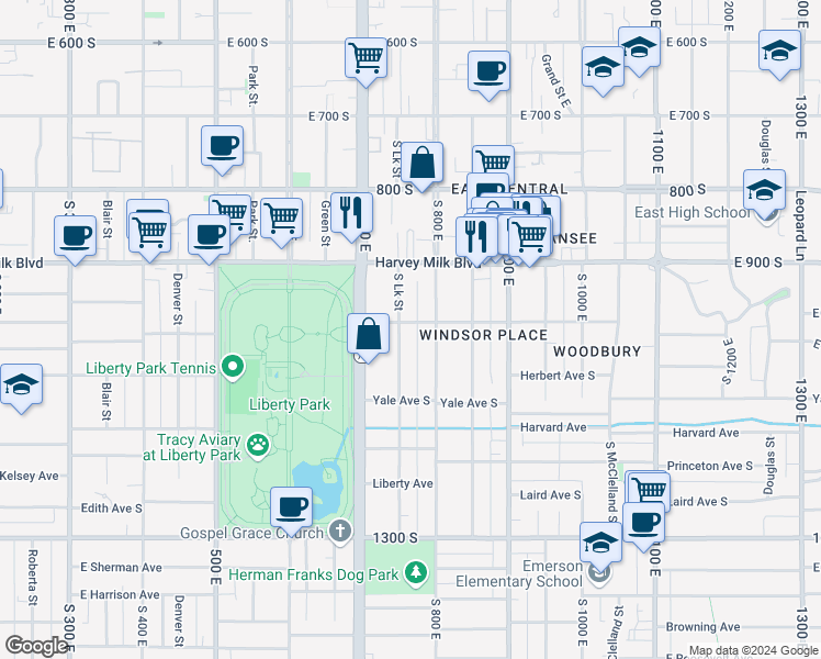 map of restaurants, bars, coffee shops, grocery stores, and more near 994 800 East in Salt Lake City