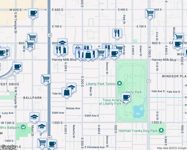map of restaurants, bars, coffee shops, grocery stores, and more near 359 Williams Avenue South in Salt Lake City