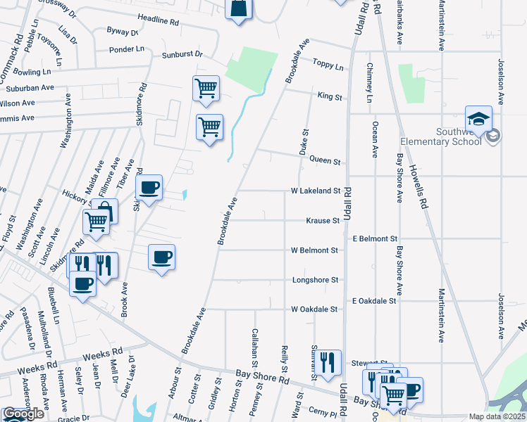 map of restaurants, bars, coffee shops, grocery stores, and more near 39 Krause Street in Bay Shore