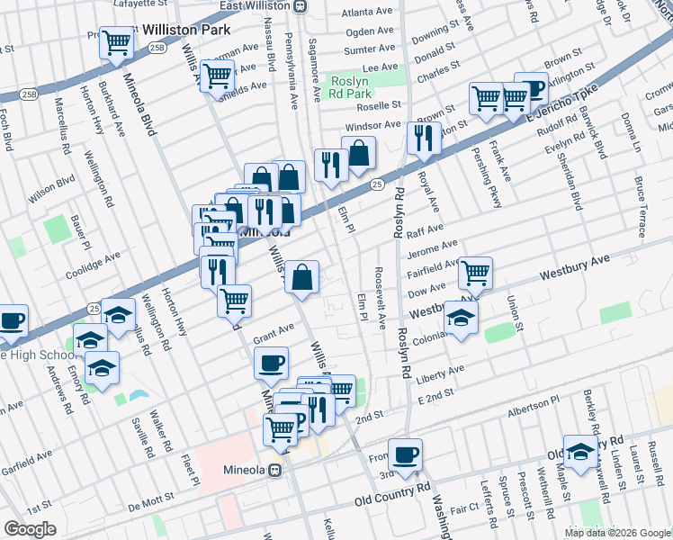 map of restaurants, bars, coffee shops, grocery stores, and more near 101 Jackson Avenue in Mineola