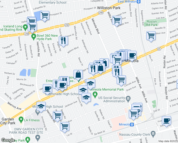 map of restaurants, bars, coffee shops, grocery stores, and more near 305 Walter Avenue in Mineola