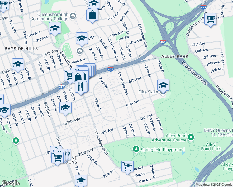 map of restaurants, bars, coffee shops, grocery stores, and more near 64-39 224 Street in Queens