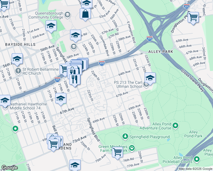 map of restaurants, bars, coffee shops, grocery stores, and more near 64-39 224 Street in Queens