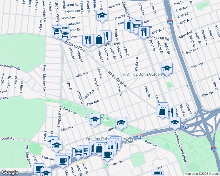 map of restaurants, bars, coffee shops, grocery stores, and more near 50-40 194th Street in Queens