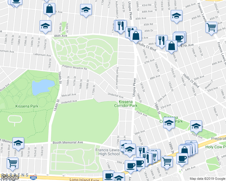 map of restaurants, bars, coffee shops, grocery stores, and more near 171-21 Underhill Avenue in Queens