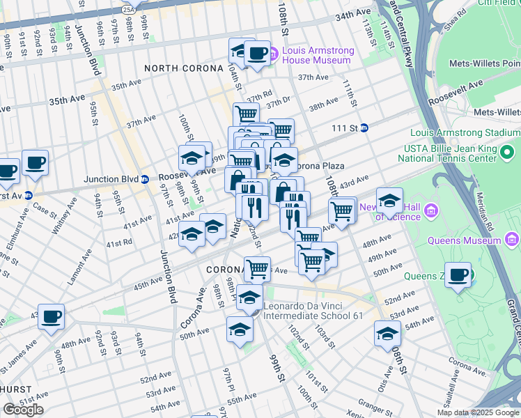 map of restaurants, bars, coffee shops, grocery stores, and more near 102-36 43rd Avenue in Queens