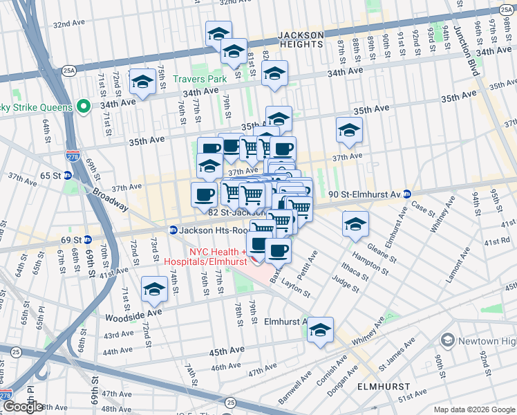 map of restaurants, bars, coffee shops, grocery stores, and more near 80-03 Roosevelt Avenue in Queens