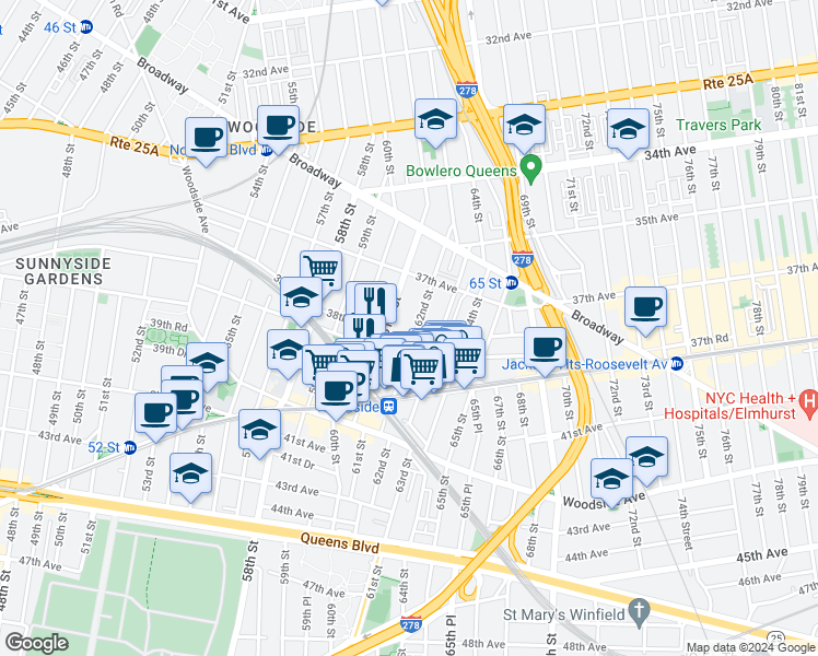 map of restaurants, bars, coffee shops, grocery stores, and more near 38-03 61st Street in Queens