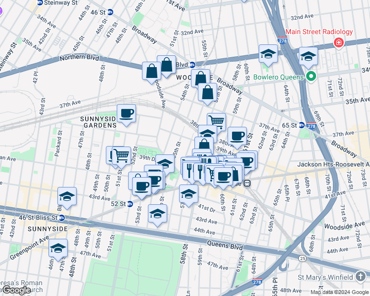 map of restaurants, bars, coffee shops, grocery stores, and more near 3936 56th Street in Queens