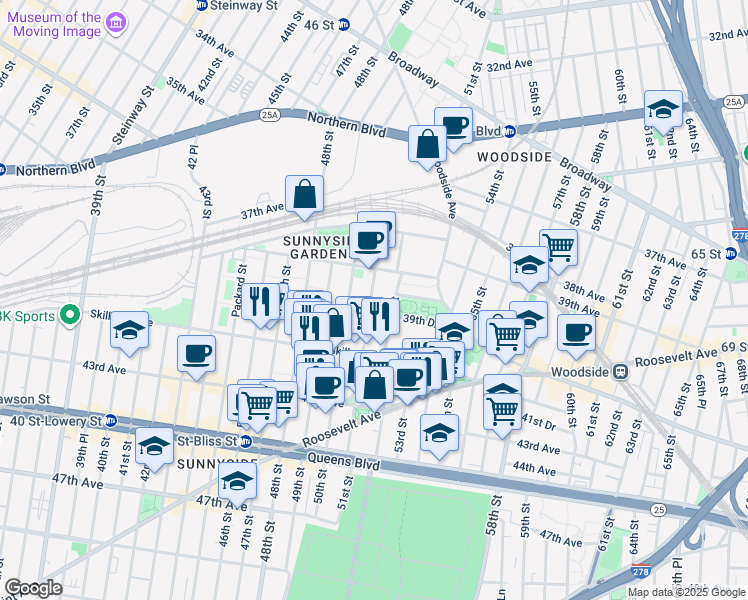 map of restaurants, bars, coffee shops, grocery stores, and more near 39-50 52nd Street in Queens