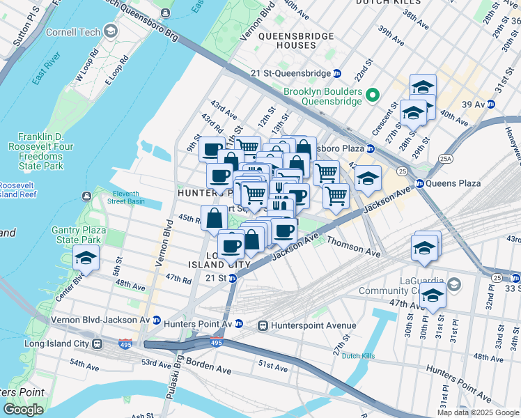 map of restaurants, bars, coffee shops, grocery stores, and more near 44-66 21st Street in Queens
