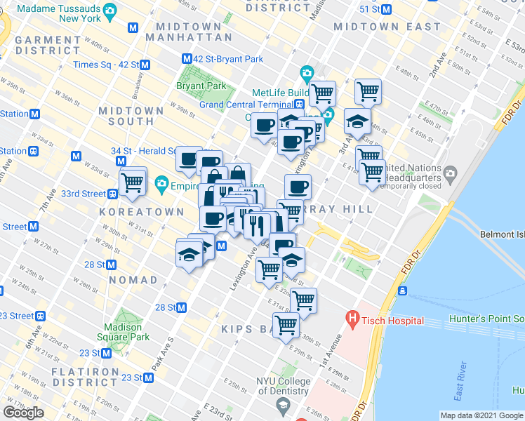 map of restaurants, bars, coffee shops, grocery stores, and more near in New York