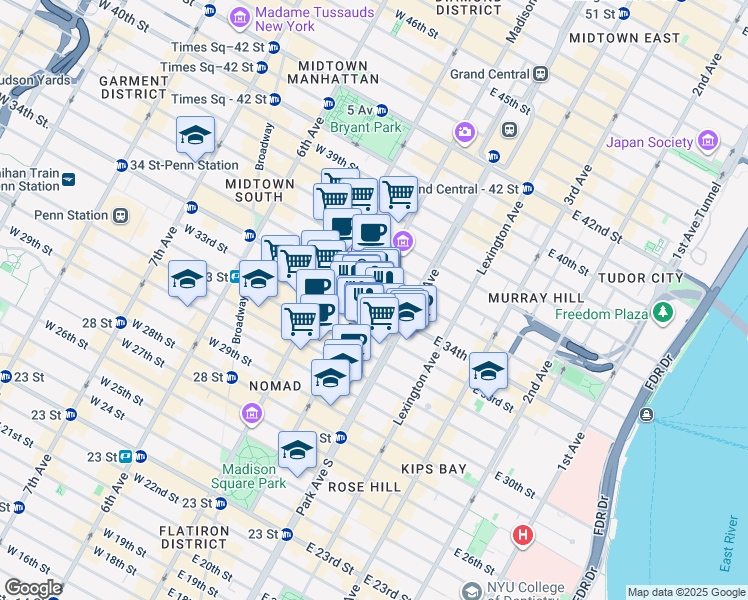map of restaurants, bars, coffee shops, grocery stores, and more near 185 Madison Avenue in New York