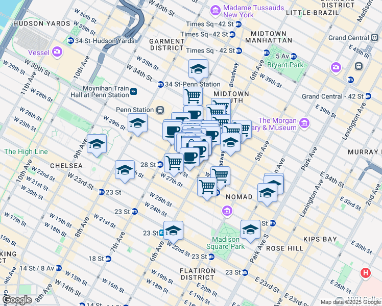 map of restaurants, bars, coffee shops, grocery stores, and more near 120 West 30th Street in New York