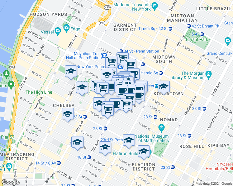 map of restaurants, bars, coffee shops, grocery stores, and more near in New York