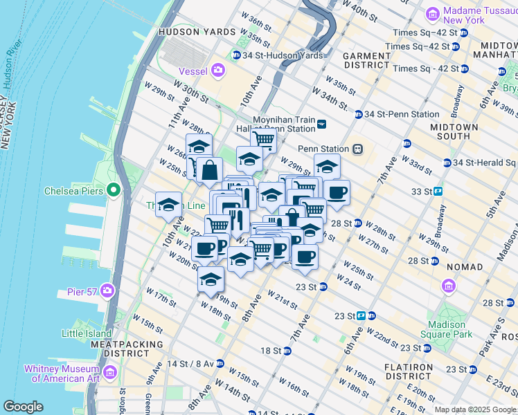 map of restaurants, bars, coffee shops, grocery stores, and more near 372 West 25th Street in New York