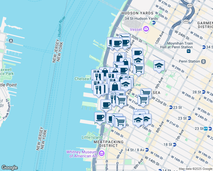map of restaurants, bars, coffee shops, grocery stores, and more near 61 Chelsea Piers in New York