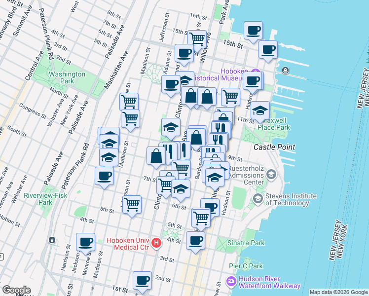 map of restaurants, bars, coffee shops, grocery stores, and more near 836 Park Avenue in Hoboken