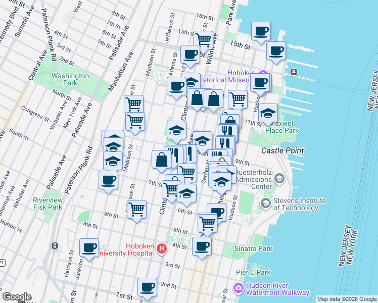 map of restaurants, bars, coffee shops, grocery stores, and more near 836 Park Avenue in Hoboken